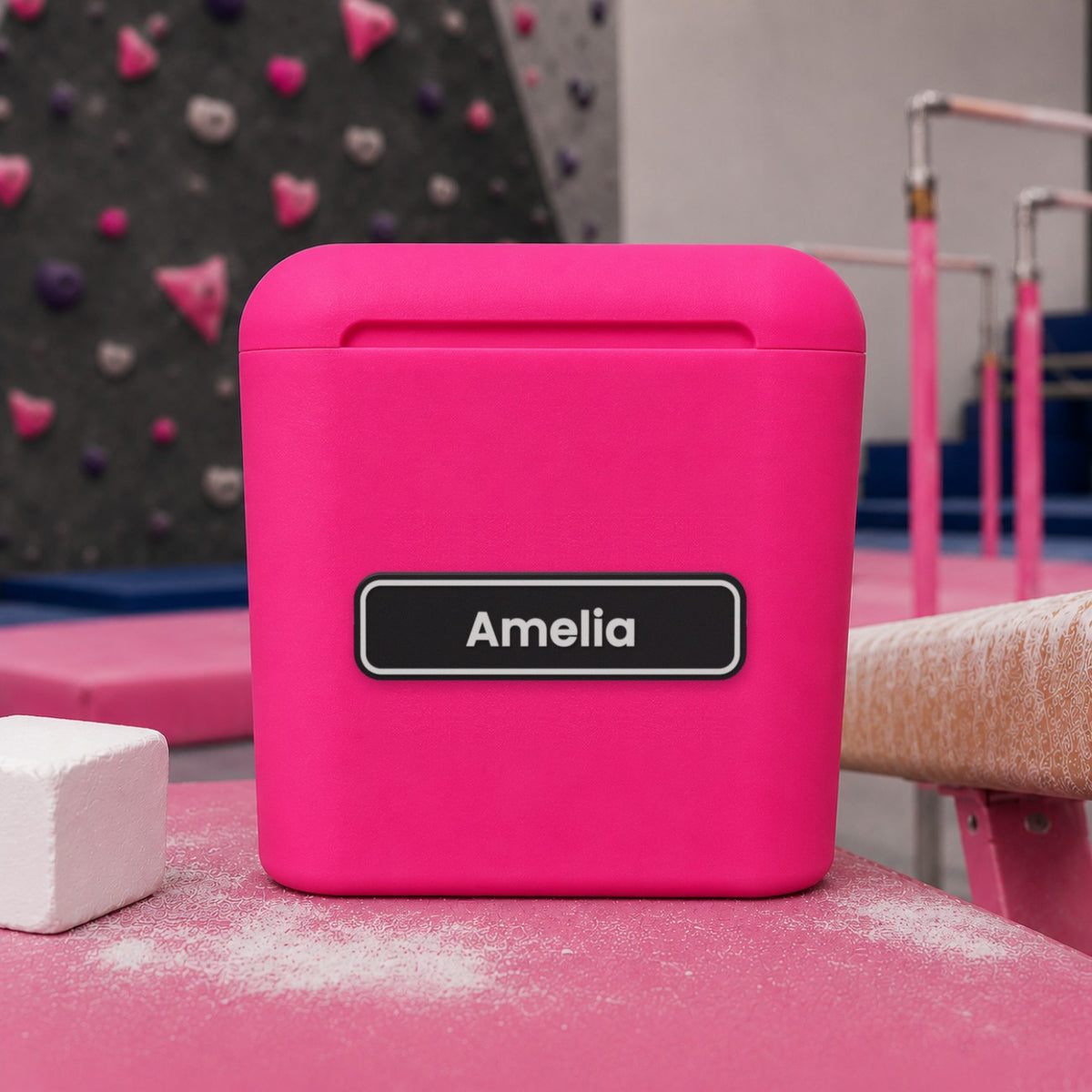 Black and white Buddy NameTag fitted to the plain back of a Hot Pink ChalkBuddy