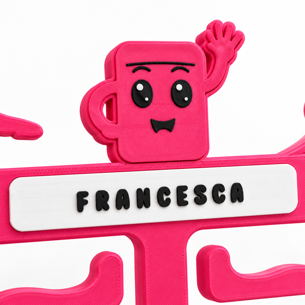 Close-up of the waving Buddy character and personalised FRANCESCA nameplate