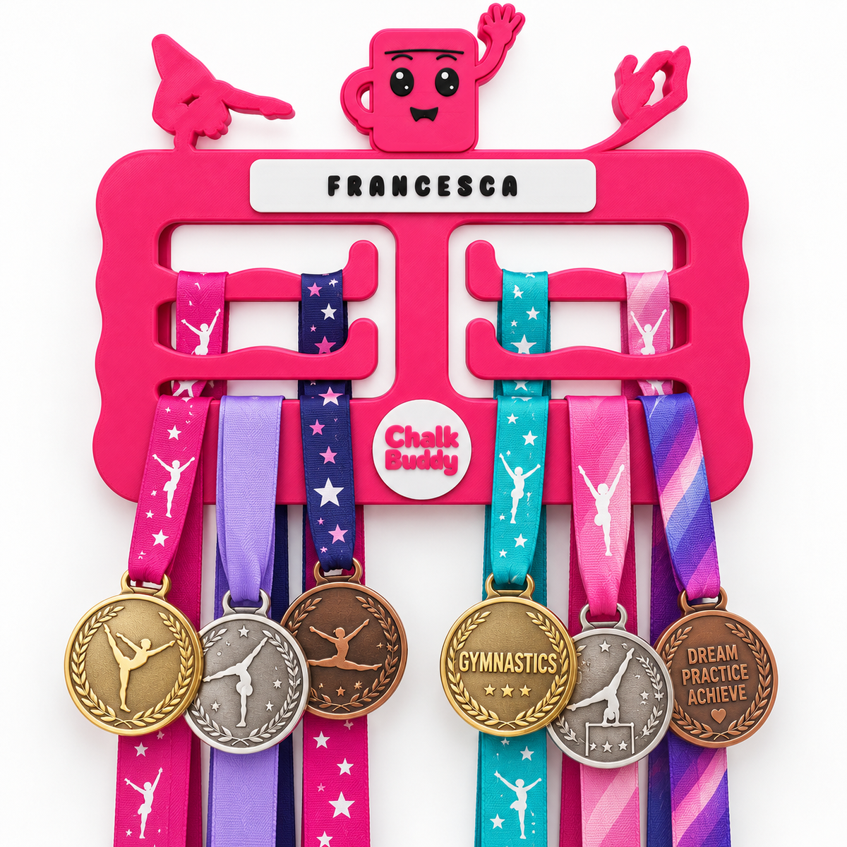Personalised Hot Pink ChalkBuddy gymnastics medal holder displayed with medals; medals are for illustration and are not included