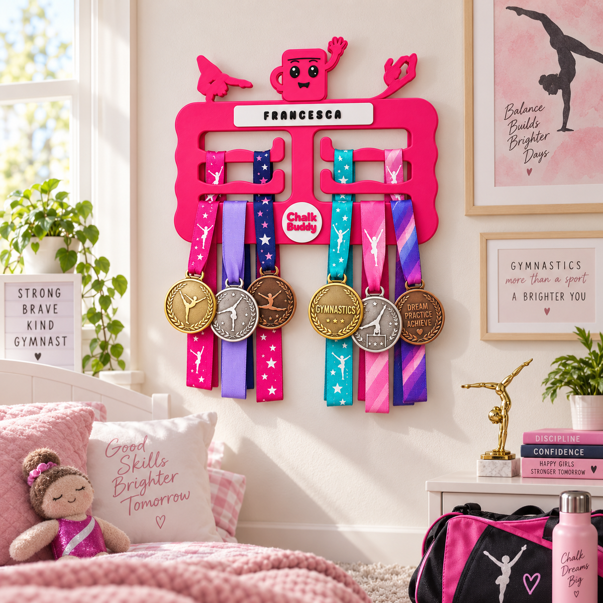 Hot Pink personalised ChalkBuddy medal holder in a digitally styled gymnastics-themed bedroom; medals and room accessories are not included