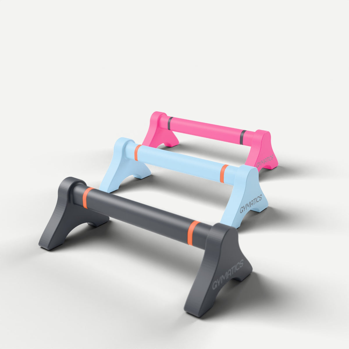 Gymatics ParaBar parallettes in all three colourways: Graphite, Sky Blue and Hot Pink