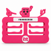 Medallero de gimnasia ChalkBuddy personalizado en rosa intenso con placa FRANCESCA, vista frontal sin medallas
